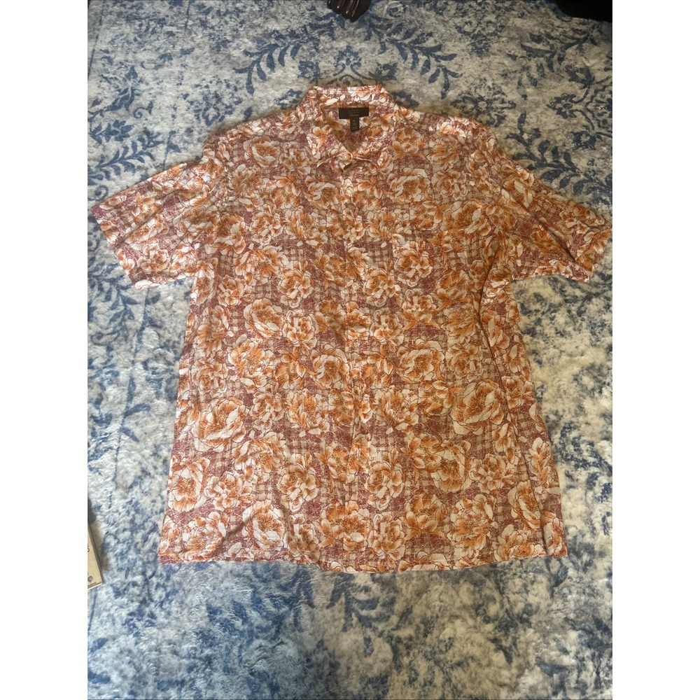Club Room Luxury 100% Linen Button Down Shirt Men's XL Casual Floral Orange Surf